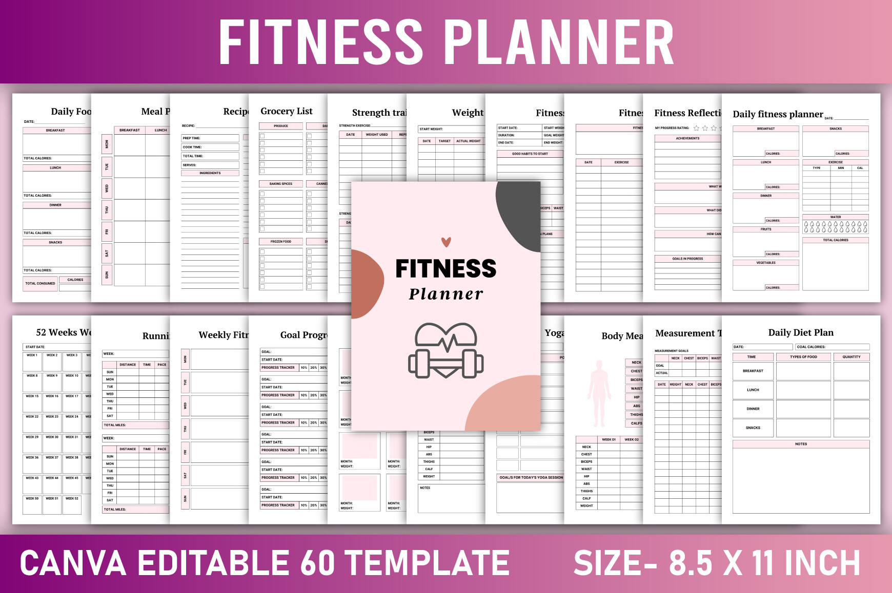 Editable Fitness Planner Canva Template