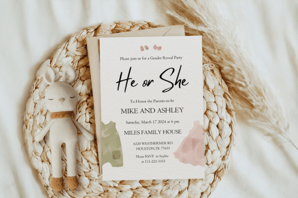 He or She gender reveal invitation design asking guests to join the surprise