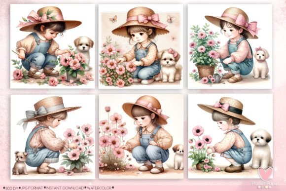 Little Girl Taking Care of the Flowers Graphic by collectionspaper ...