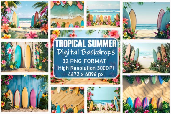 Preview of Summer Tropical Beach Digital Backdrops digital backdrop