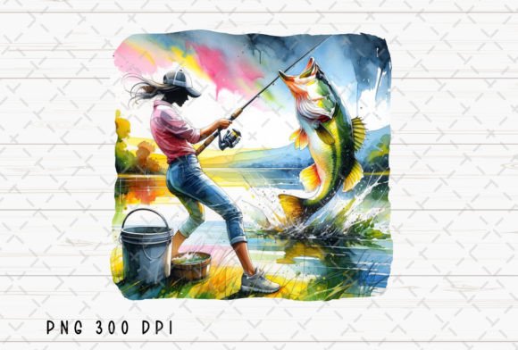 Women Girl Fishing Bass Watercolor PNG Grafik Druckbare Illustrationen Von Flora Co Studio