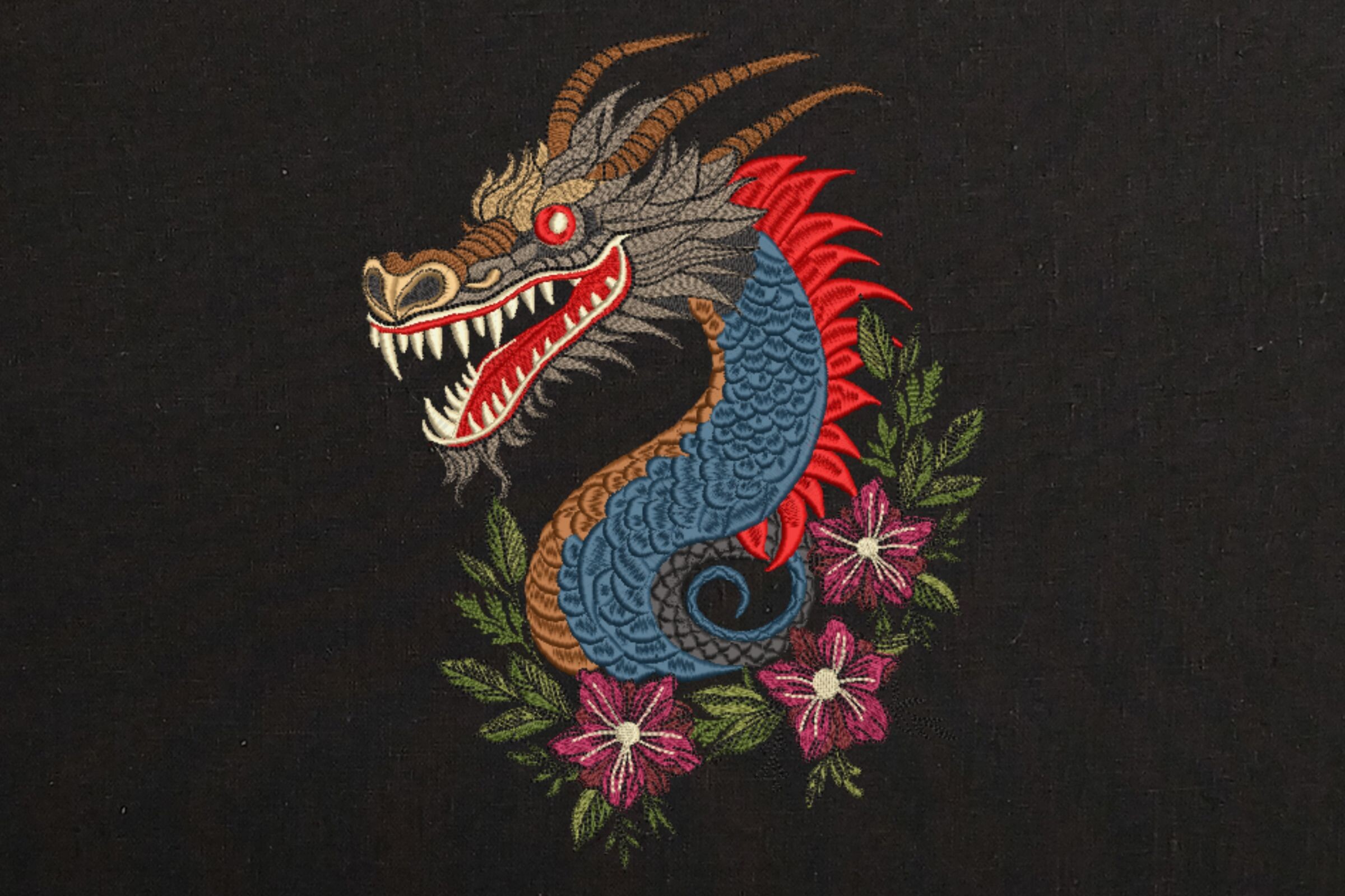 Blue Chinese Dragon and Flowers on Black
