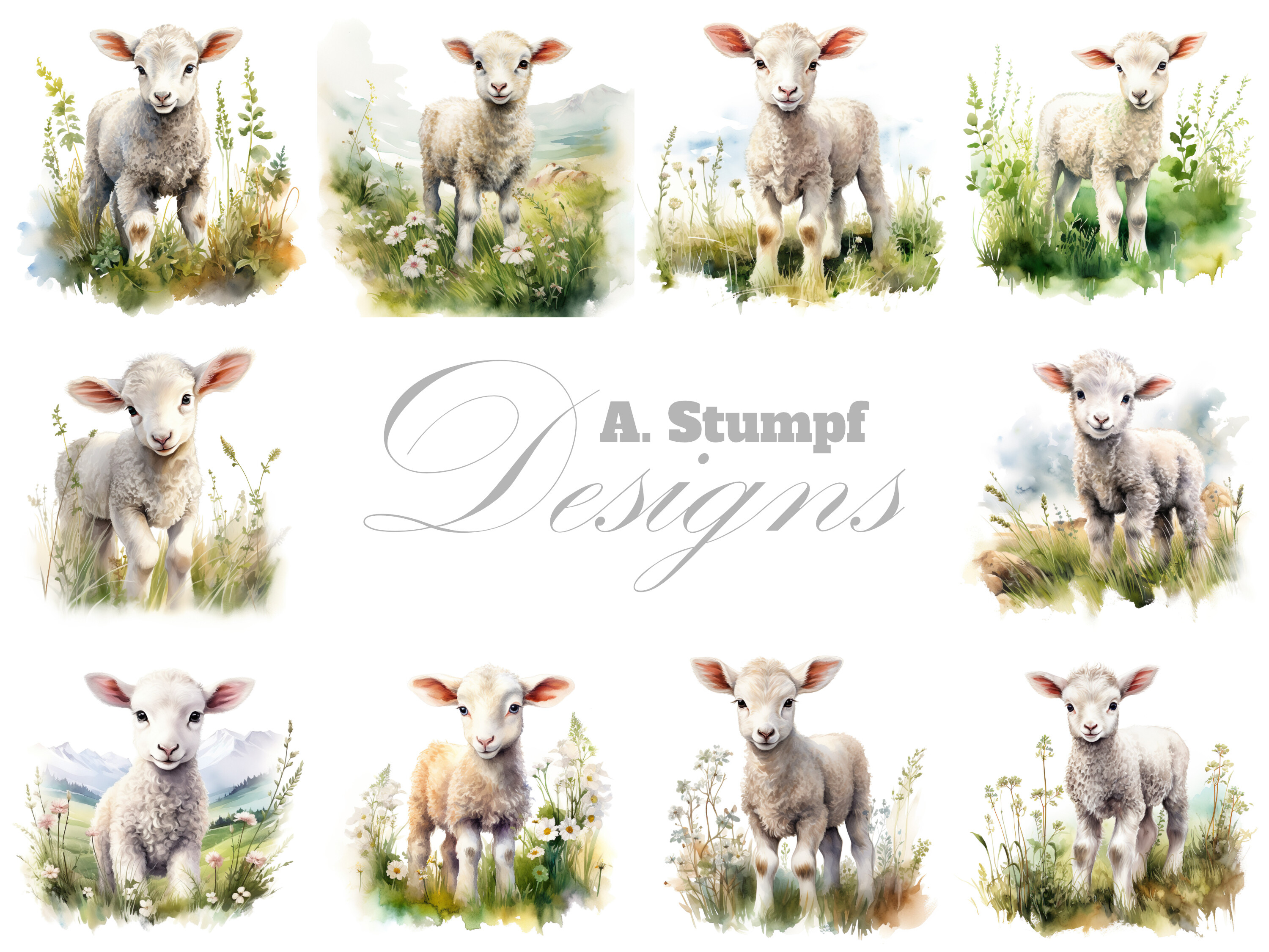 Lamb Watercolor Farm Animal Clipart Set
