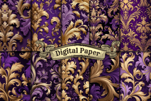 Purple and Gold Damask Digital Paper Graphic by craftsmaker · Creative ...