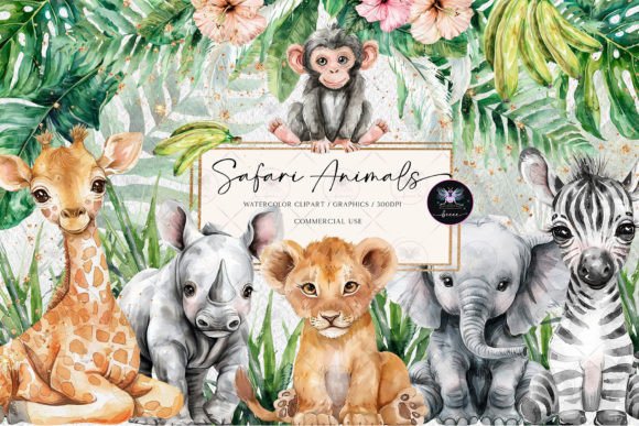 Safari Animals Watercolor Clipart