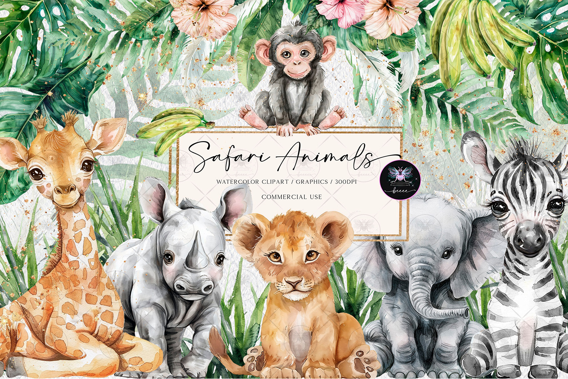Safari Animals Watercolor Clipart