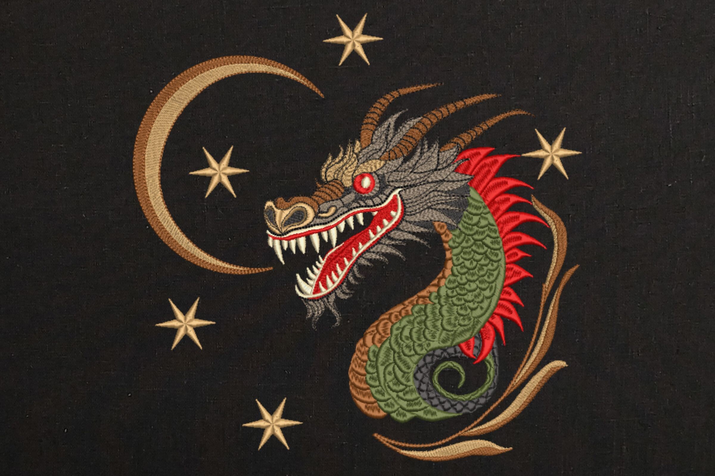 Chinese Dragon Moon and Stars on Black