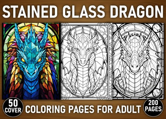 Preview of 200+ Stained Glass Dragon Coloring Pages coloring pages for adults