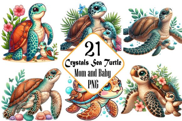 Crystals Sea Turtle Mom and Baby Clipart