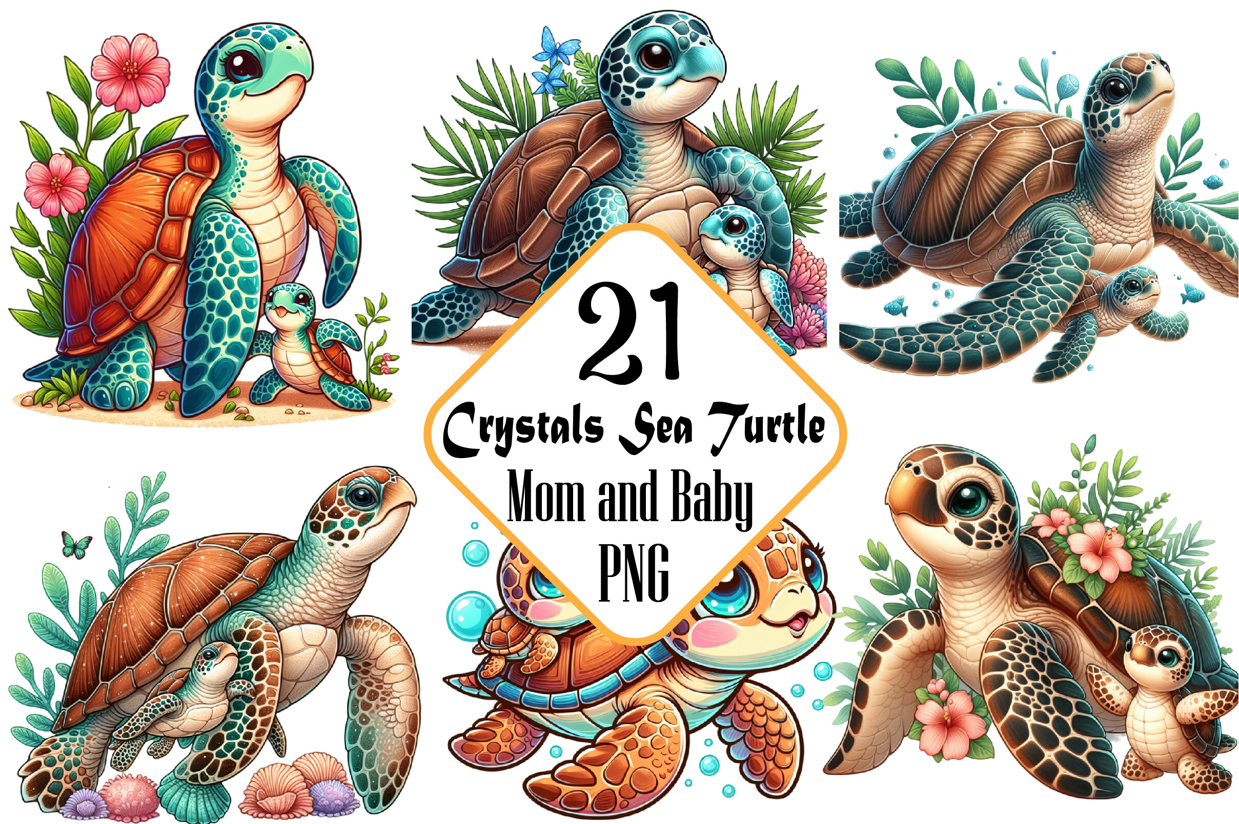 Crystals Sea Turtle Mom and Baby Clipart