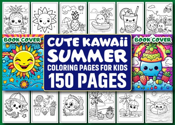 Preview of 150 Cute Kawaii Summer Coloring pages coloring pages for kids