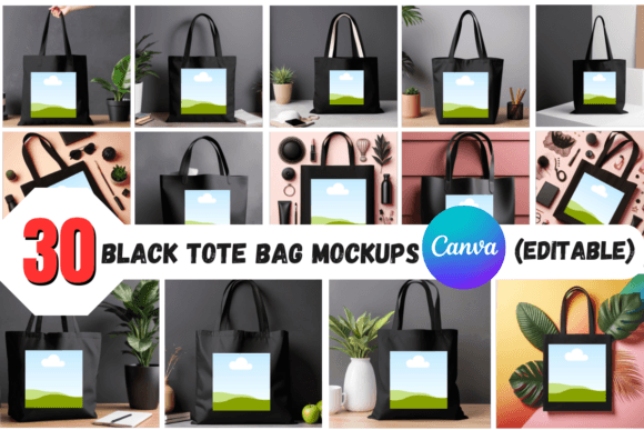 Black tote bag mockup bundle editable in Canva