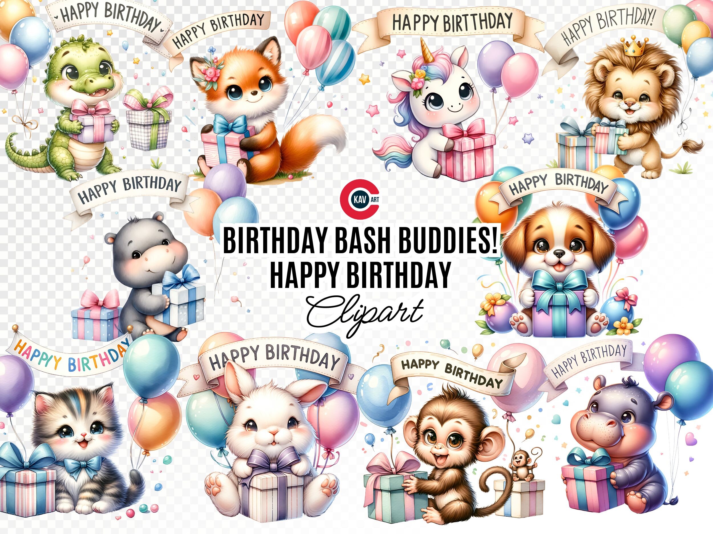 Cute Animals with Birthday Banner PNG