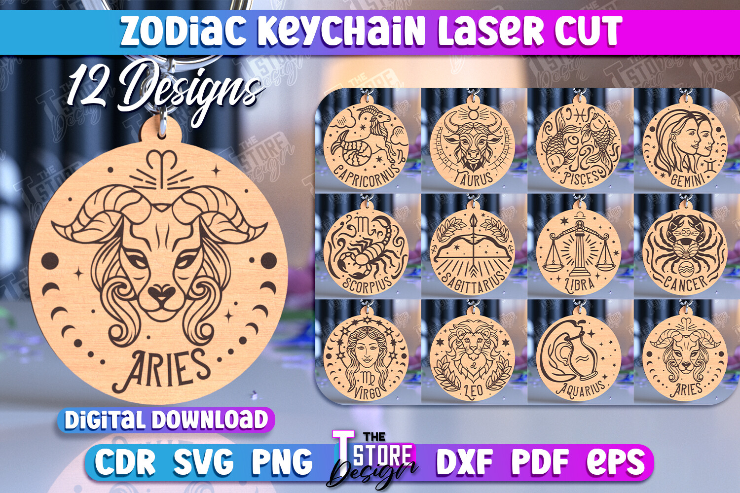 Zodiac Keychain Laser Cut Design Bundle