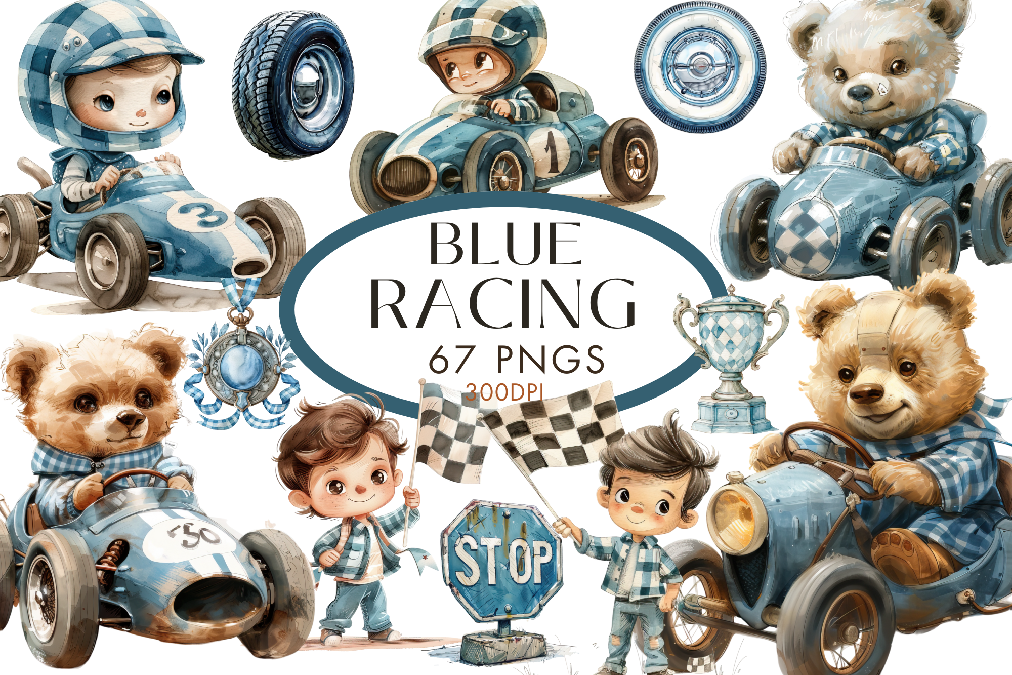 Blue Racing Cars Clipart Graphic by Watercolour Lilley · Creative Fabrica