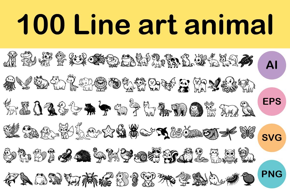 100 Line Art Animal Graphic by littlebeeshop · Creative Fabrica