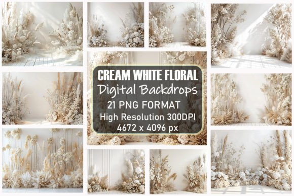 Preview of Cream White Floral Digital Backdrops digital backdrop