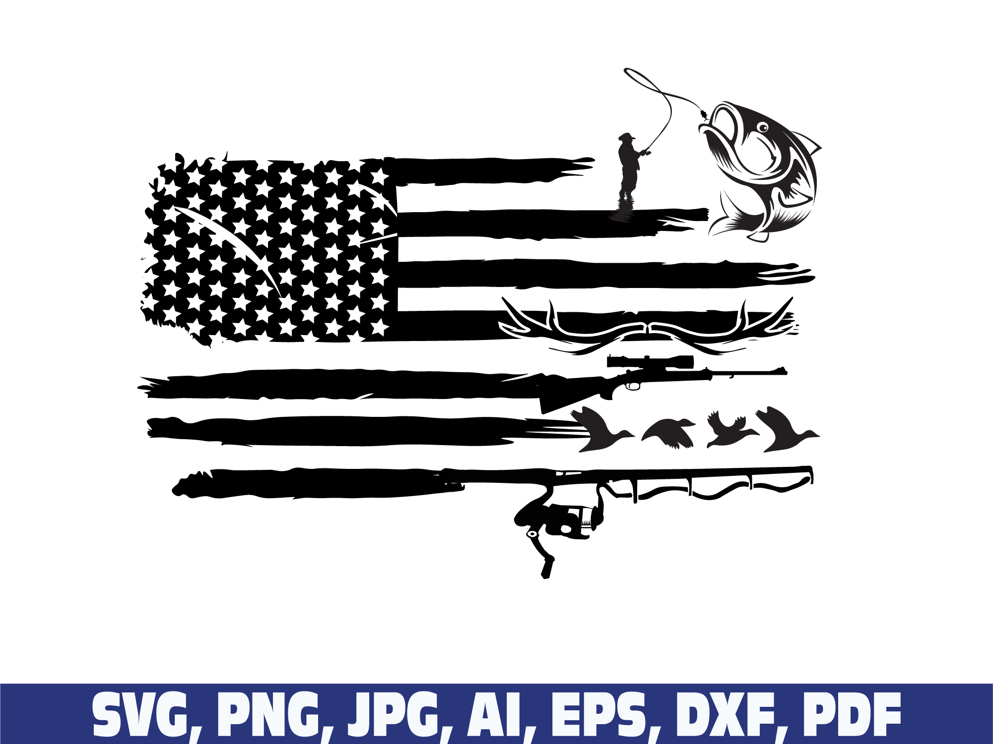 Fishing and Hunting American Flag Svg