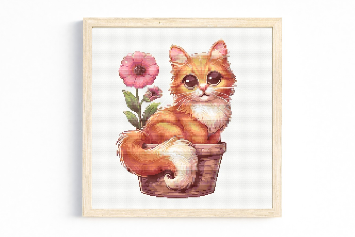 Ginger Cat in a Flower Pot Cross Stitch