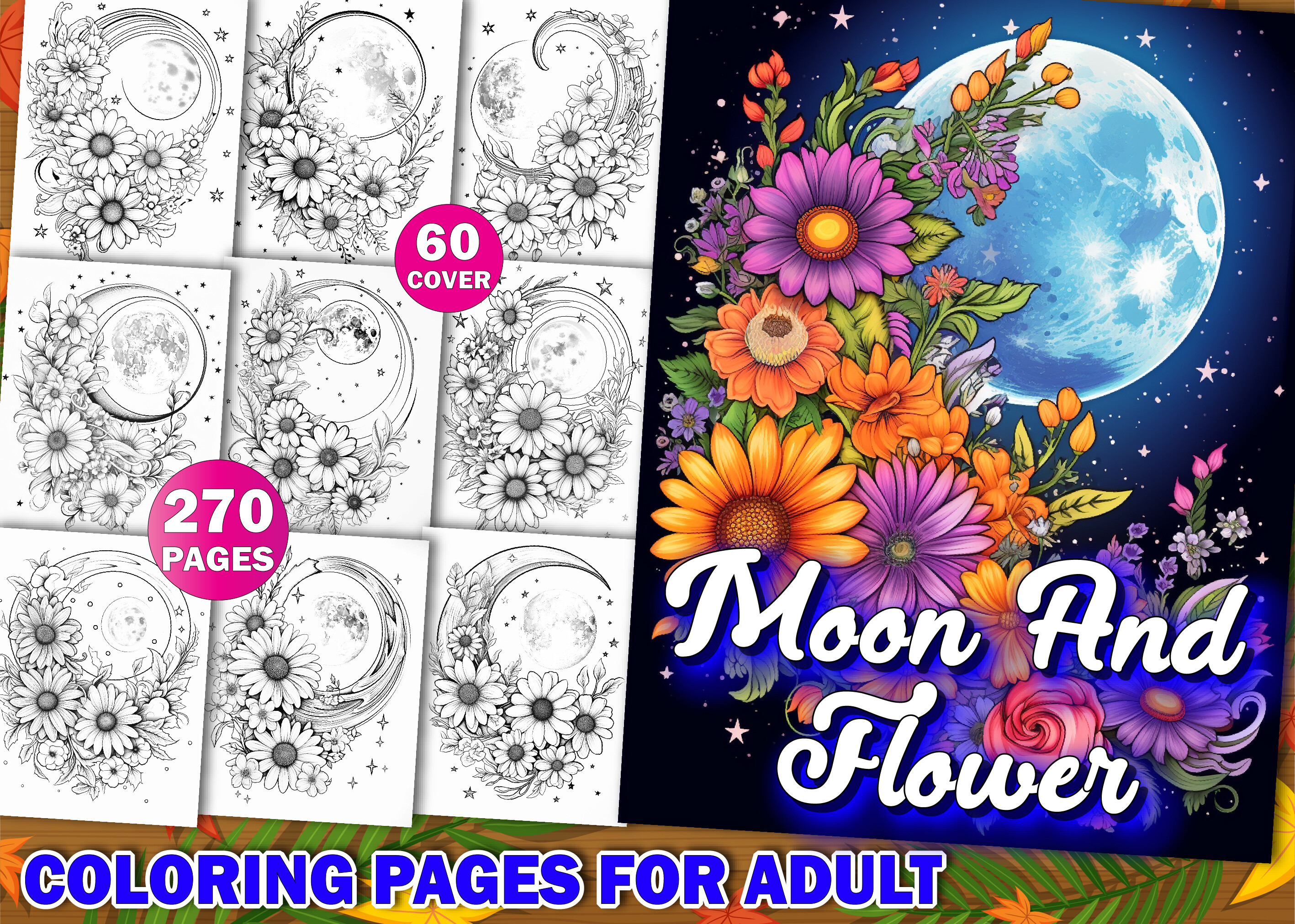 Moon and Flower Adult Coloring Pages Kdp