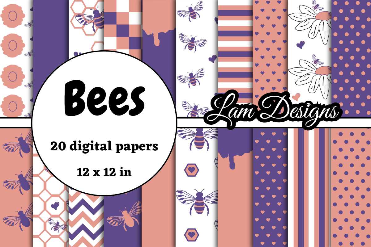 Purple and Peach Bees Digital Papers Graphic by lam designs · Creative ...