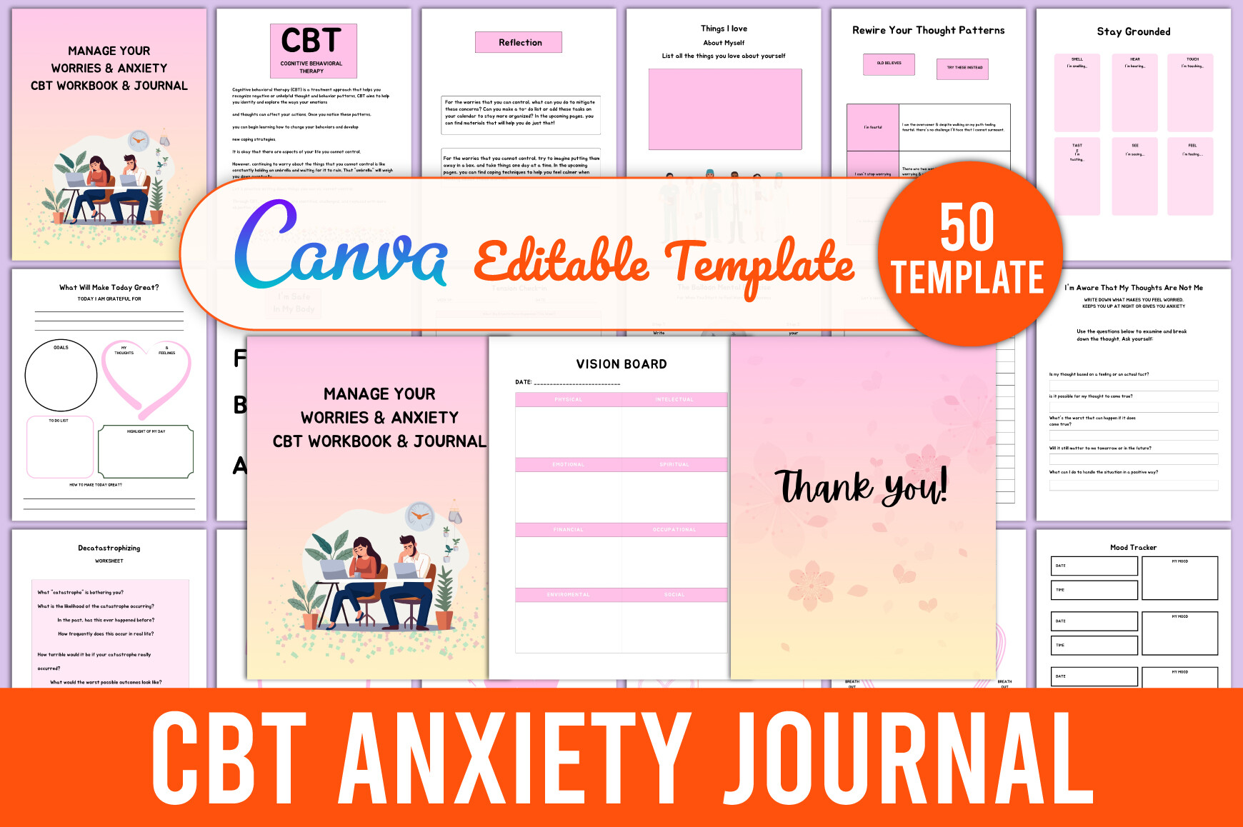 Editable CBT Anxiety Journal Canva