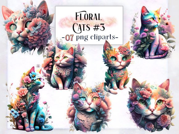 Floral Cats #3 Clipart Sublimation Graphic Illustrations By EdeniaArtStudio