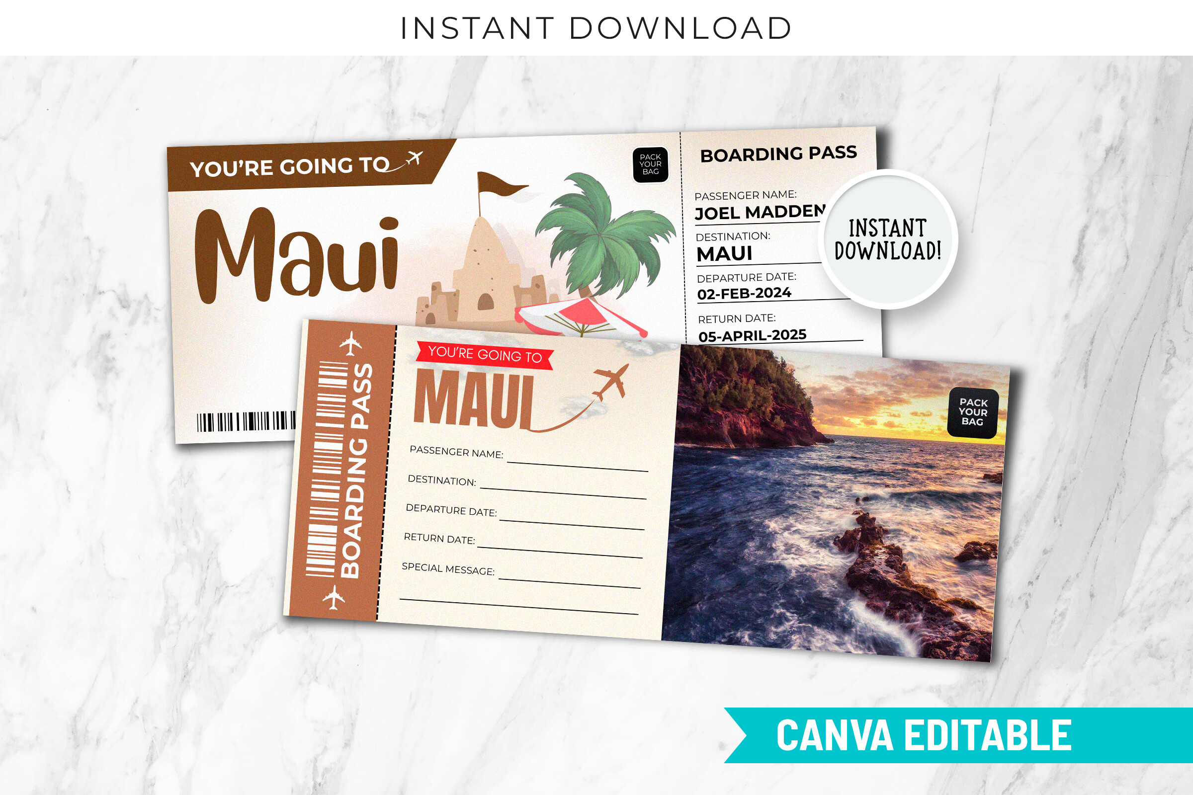Editable Maui Boarding Pass Canva