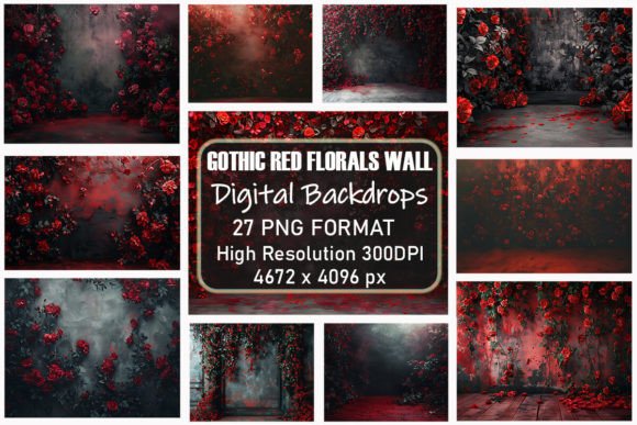 Preview of Gothic Red Flowers Wall Digital Backdrop digital backdrop