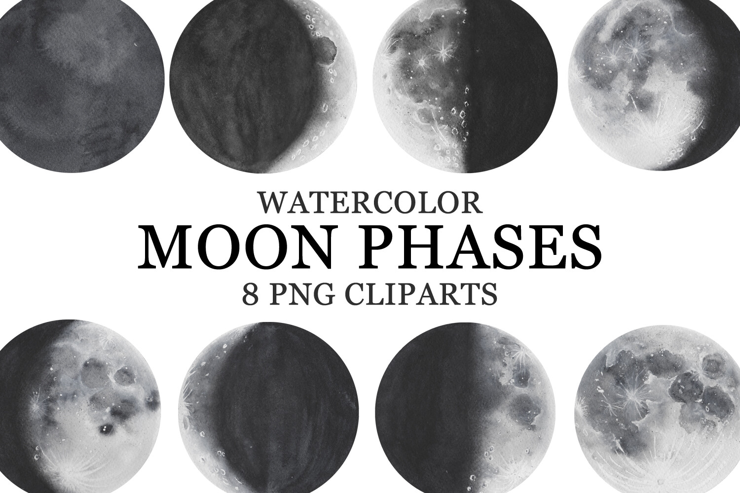 Moon Phases Watercolor PNG Cliparts
