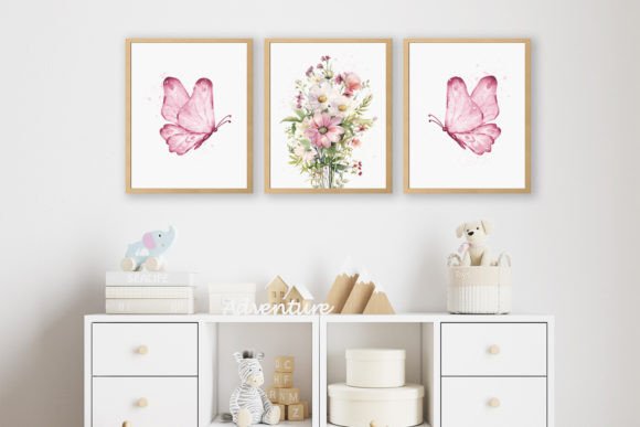 Nursery girl butterfly set of three wall art prints for a baby girl room