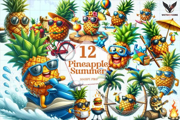 pineapple summer clipart png with tropical fruit design, bright summer aesthetic illustration