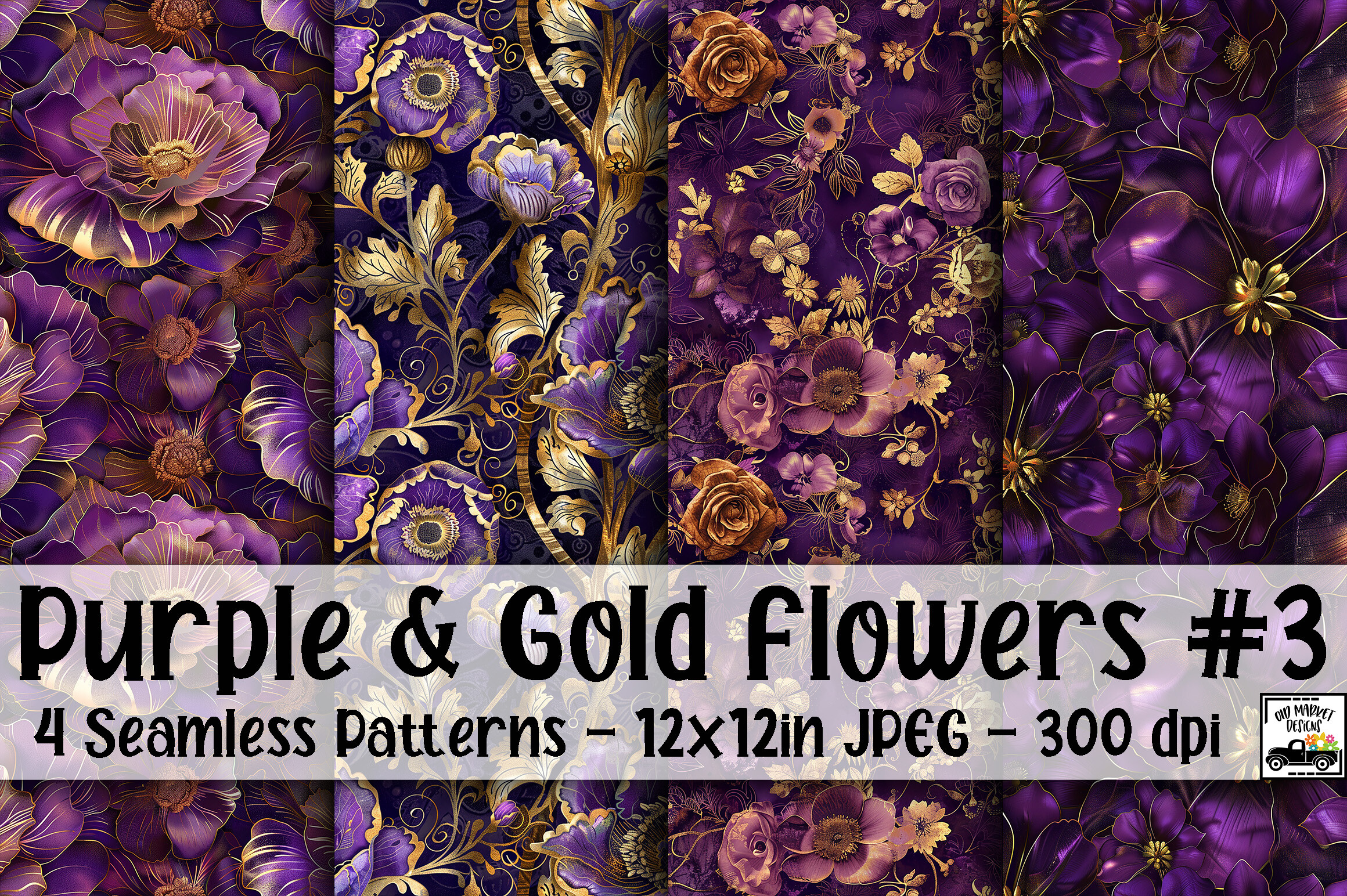 Purple & Gold Flowers Digital Paper #3 Graphic by oldmarketdesigns ...