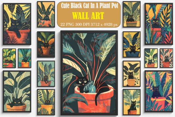 Cute Black Cat in a Plant Pot Wall Art