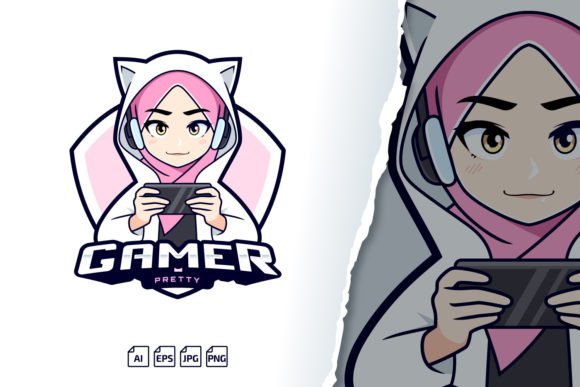 Cute Hijab Gamer Girl Logo Template