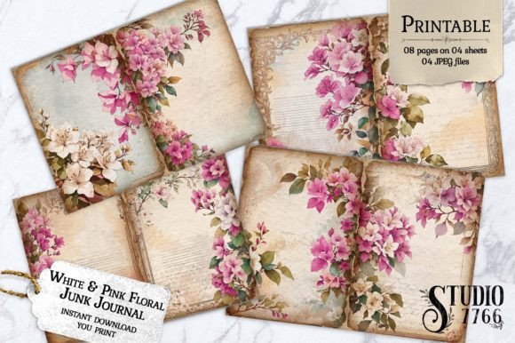 White and Pink Floral Junk Journal Pages Illustration Généré par IA Par Studio 7766