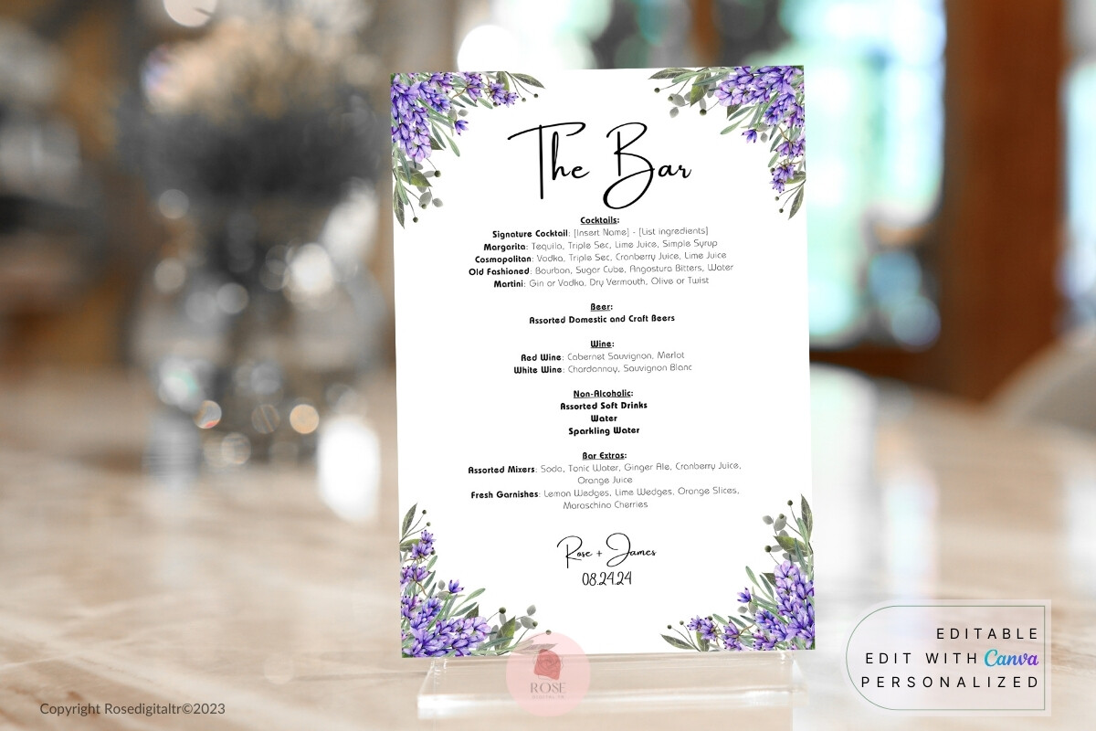 Printable Wedding Bar Menu Lavenders