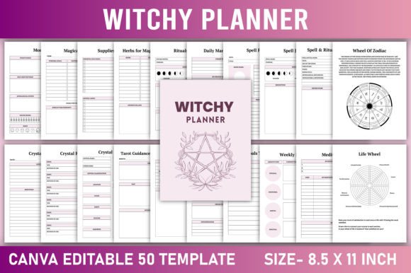 Editable Witchy Planner Canva Template with themed planner and ritual worksheets