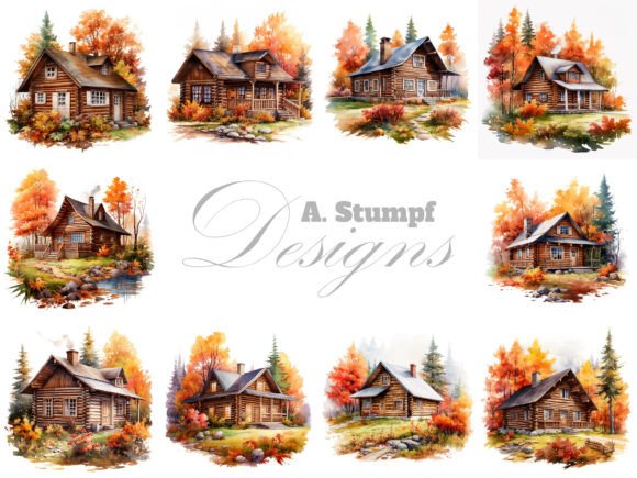 Log Cabin Autumn Watercolor Clipart Set Graphic Illustrations By Andreas Stumpf Designs