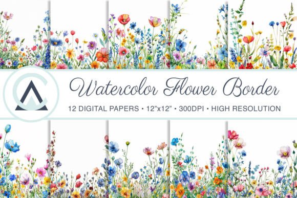 Watercolor Floral Border Digital Papers
