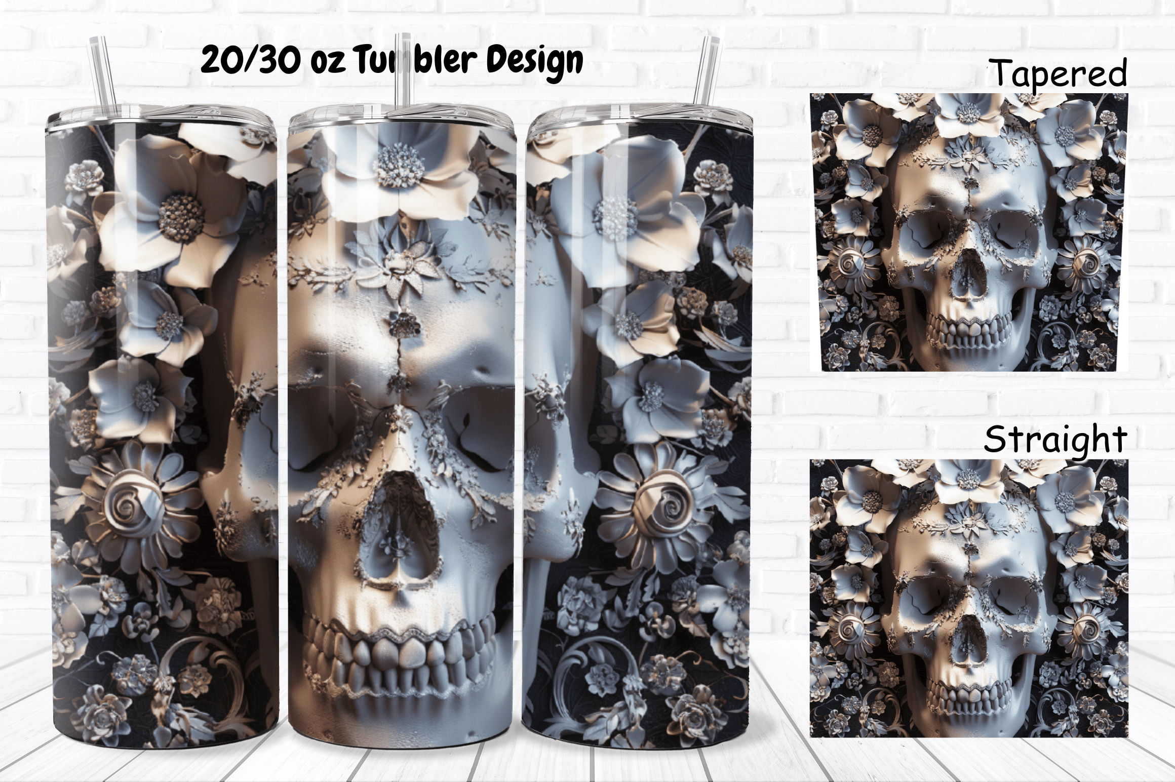 3D Floral Skull 20 / 30 Oz Tumbler Wrap Graphic by Regulrcrative ...