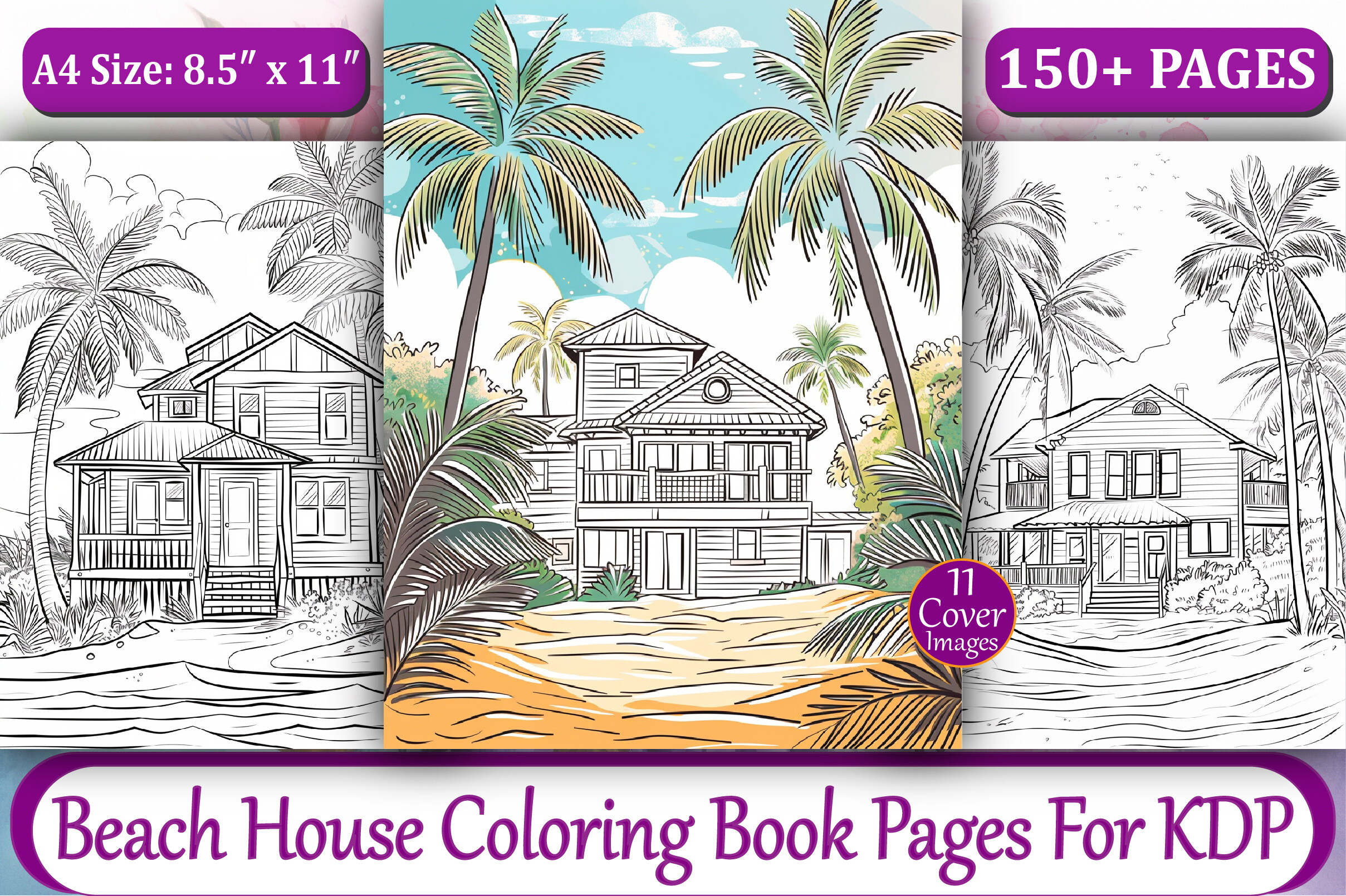 150+ Beach House Coloring Book Pages-KDP