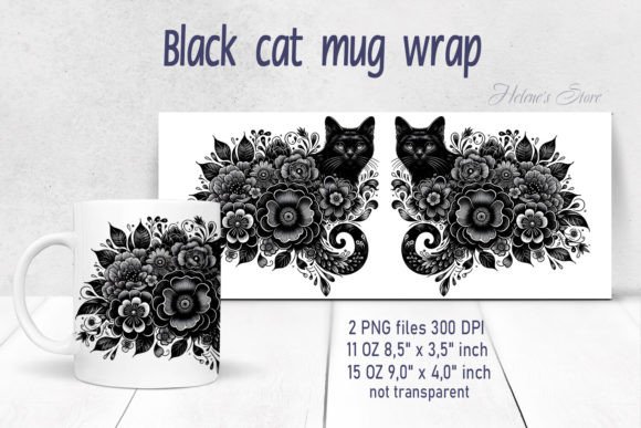 Floral Black Cat Mug Wrap Sublimation Graphics