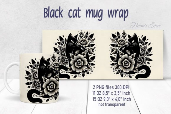 Floral Black Cat Mug Wrap Sublimation Graphics