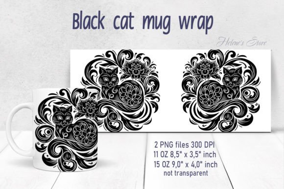 Flowers Black Cat Mug Wrap Sublimation Graphics