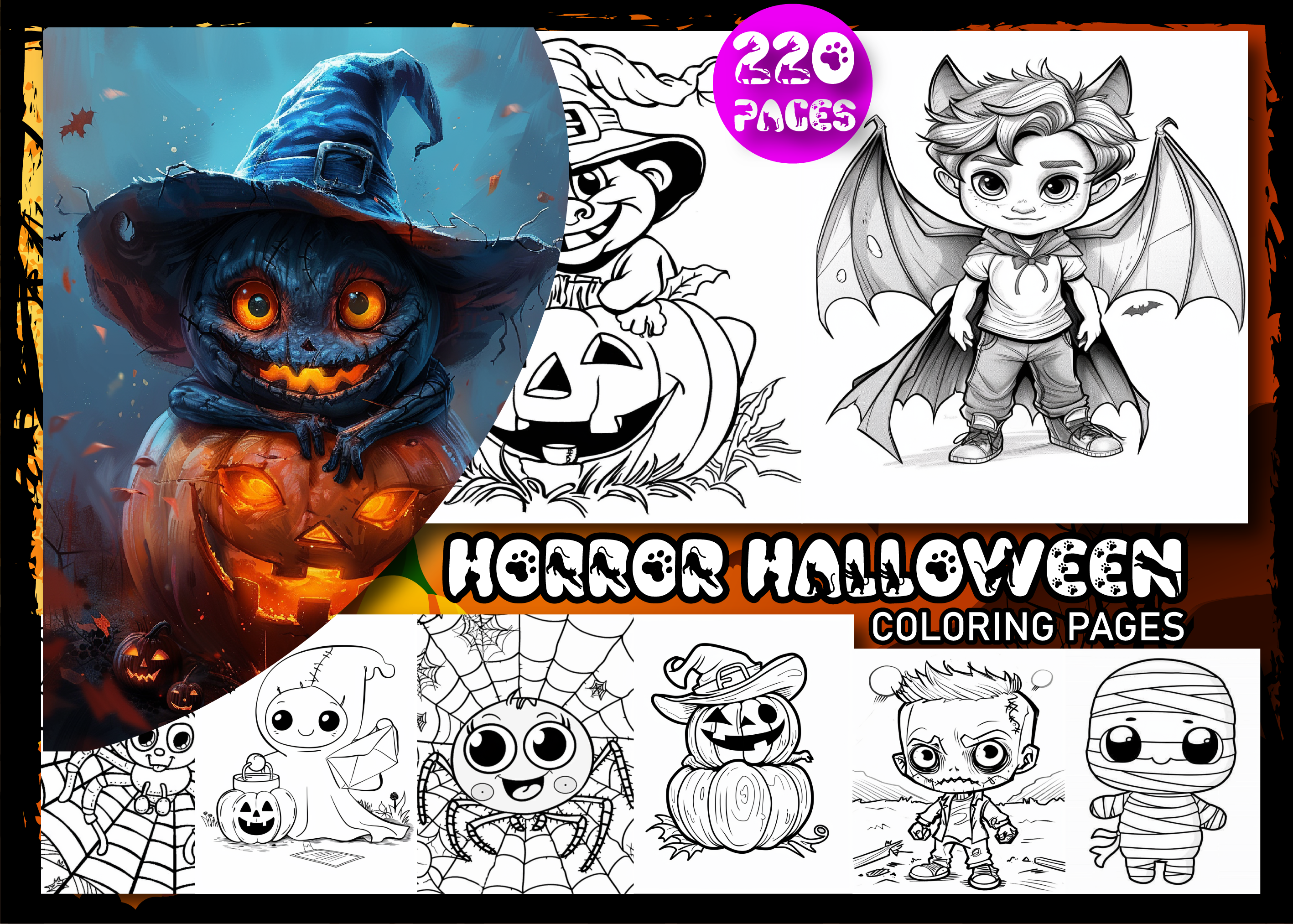 Horror-themed Halloween coloring book cover styled for kids