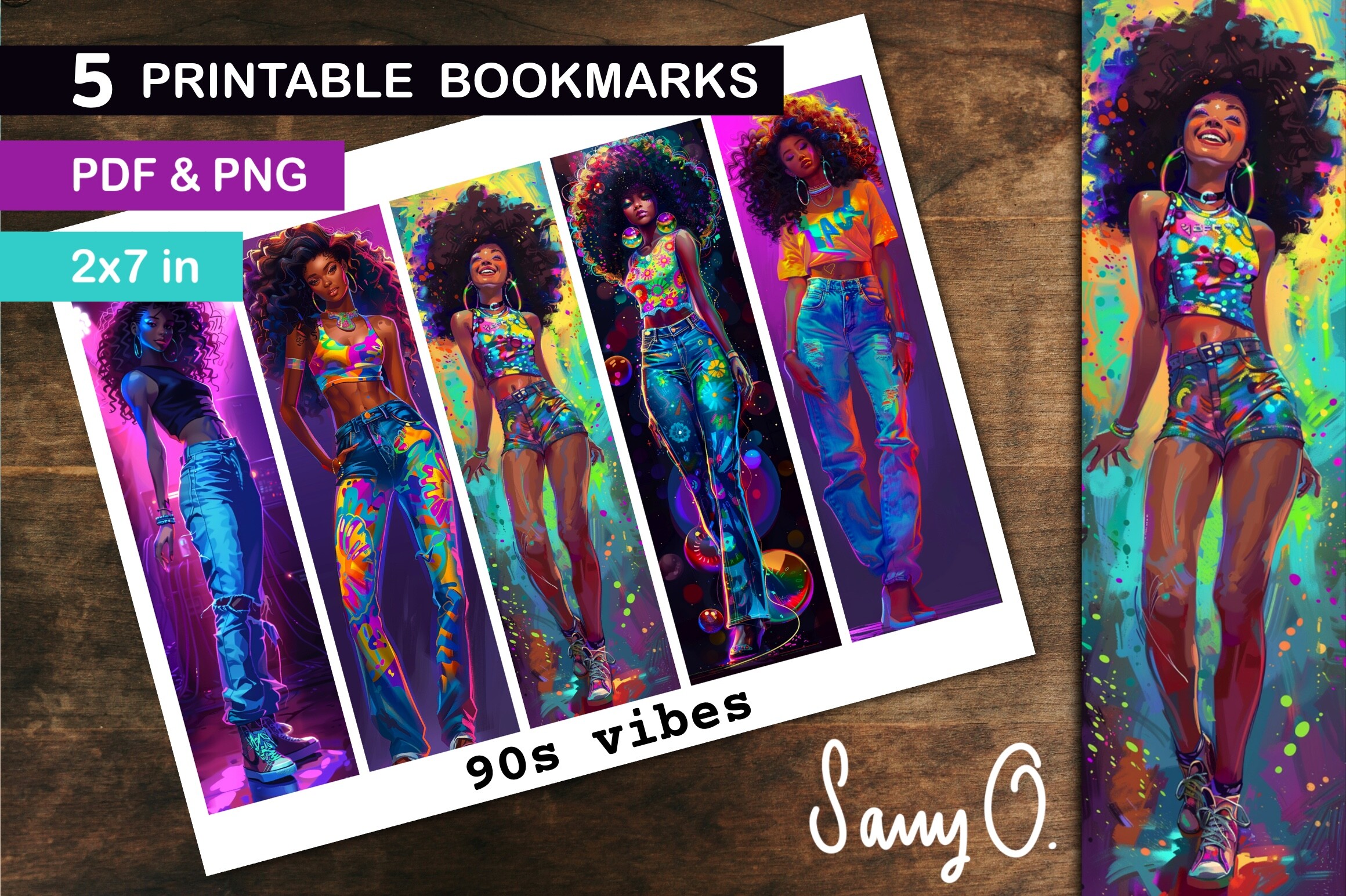 Bookmark Afro Black Girl Neon 90s PNG