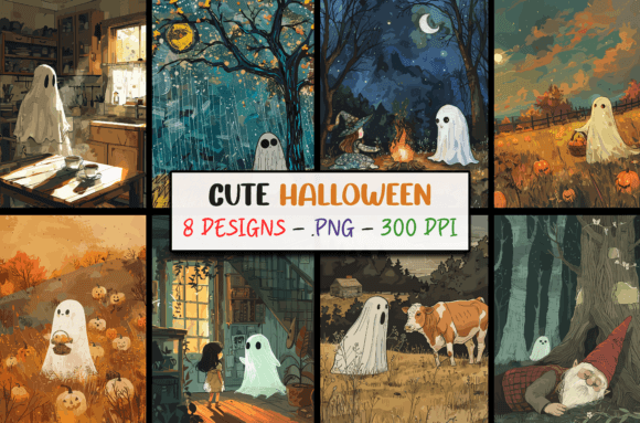 Cute Halloween Ghosts Illustrations PNG Graphic