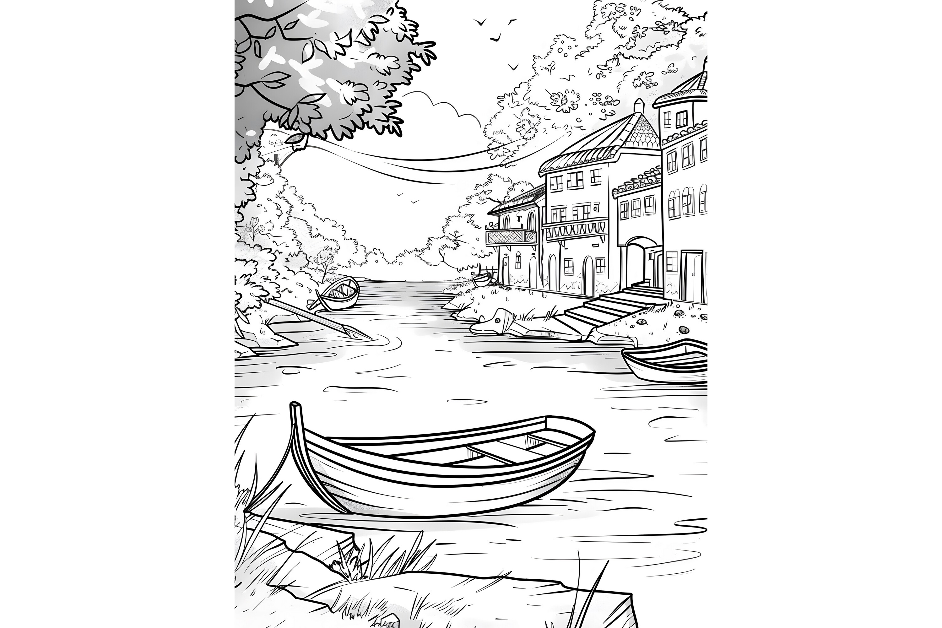 Village River Scene Adults Coloring Page