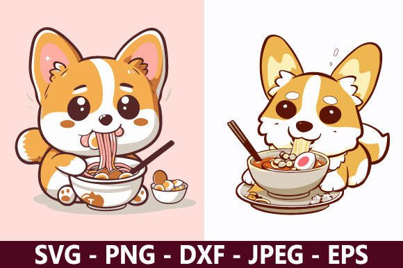 Cute corgi eating ramen funny SVG bundle for tees mugs and sticker kiss-cuts